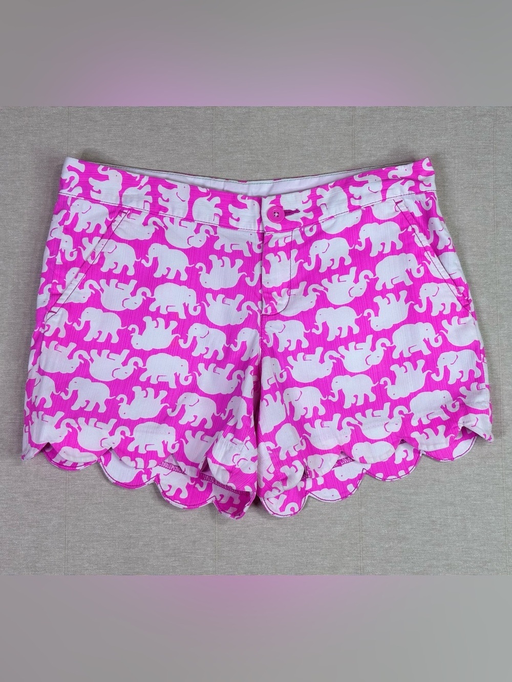 Lilly Pulitzer Bright Pink and White Elephant Scallop-Hem High-Waist Shorts